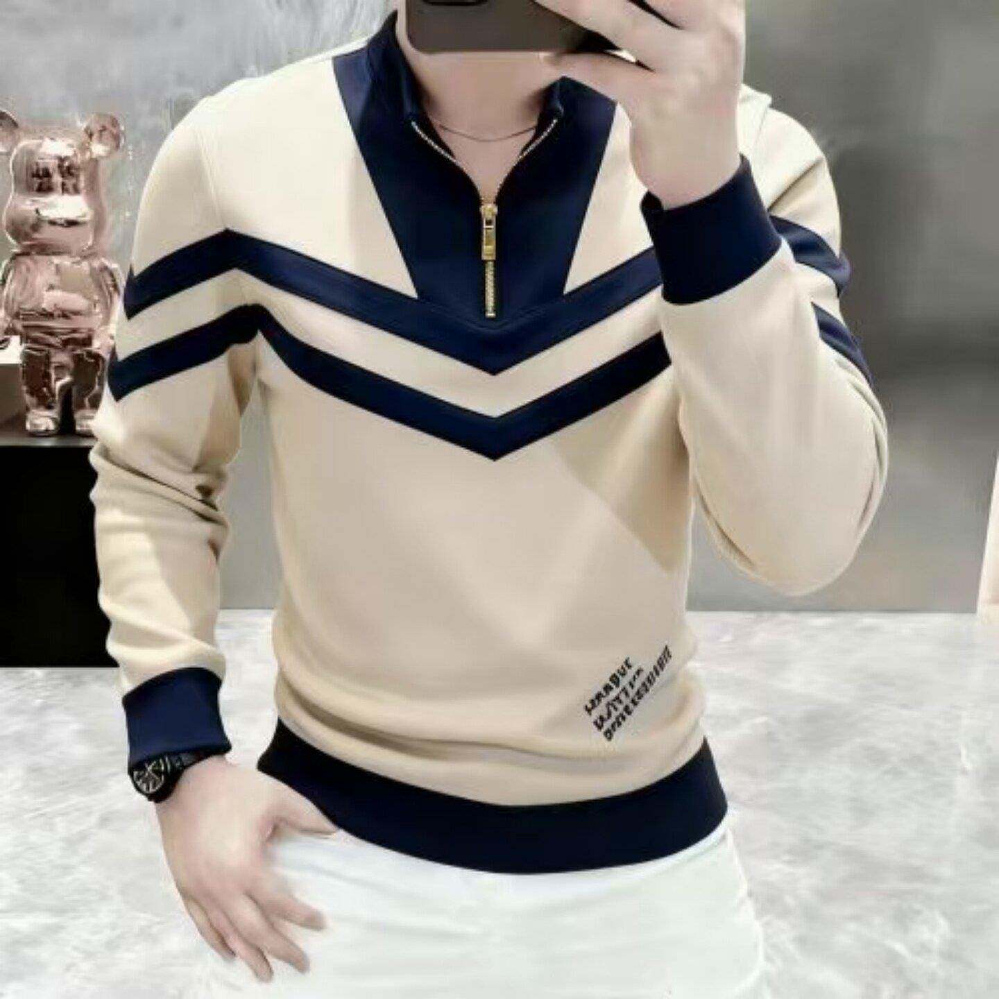 撞色立领半拉链卫衣男春秋季高端休闲男士潮流百搭修身长袖T恤帅