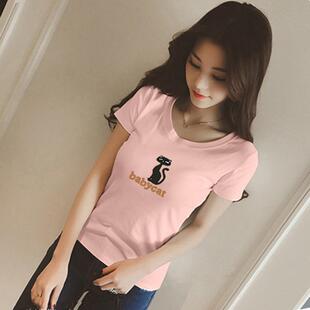 夏T恤女短袖韩季范百搭宽松大码简约上金色字衣母猫女