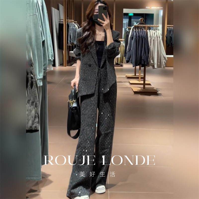 ROUJE LONDE时尚套装女秋季质星空亮钻西装外套阔腿裤减龄两件套