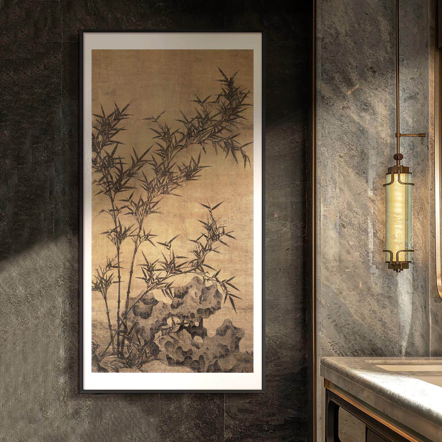 新中式入户玄关竹石图装饰画客厅书房挂画酒店高级感国风茶室壁画