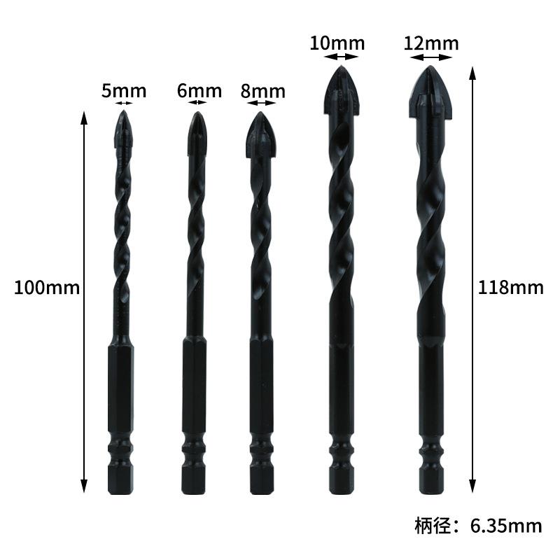 黑色六角柄十字三角钻5PC套装 瓷砖玻璃开孔器 打孔四刃合金钻头图片