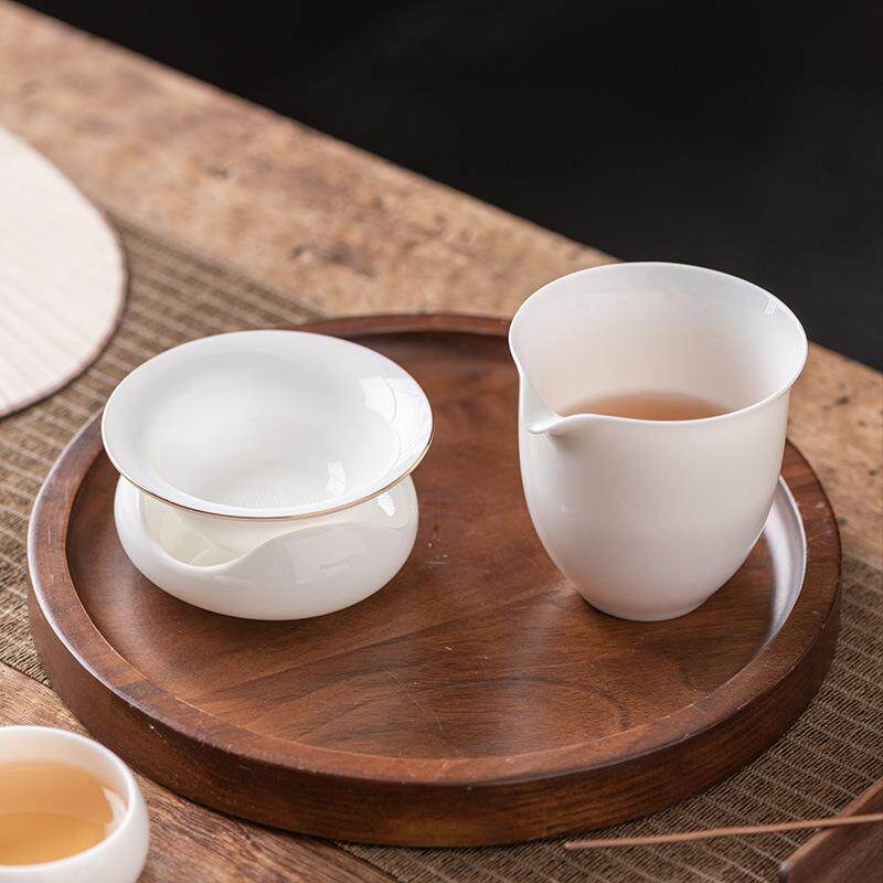 白瓷羊脂玉茶漏过滤组家用全瓷反口竹节描金泡茶叶过滤器茶托茶隔