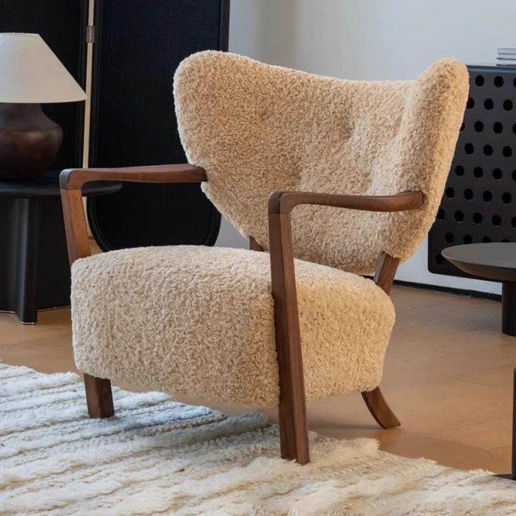 伍尔夫中古风法式设计师休闲复古家用客厅实木羊羔绒单人沙发椅,住宅家具,沙发椅,淘宝优惠券,粉丝福利购,淘宝优惠卷