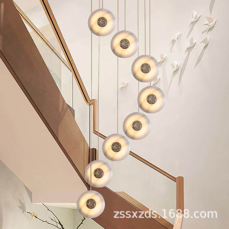 新中式全铜云石旋转楼梯别墅复式楼挑高吊灯中国风禅意古典装饰灯