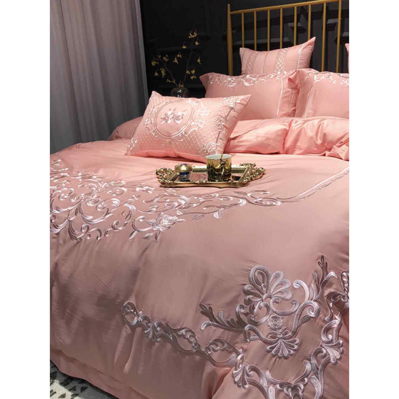 轻奢2024新款全棉粉红色四件套100纯棉床单被套欧式结婚床上用品4