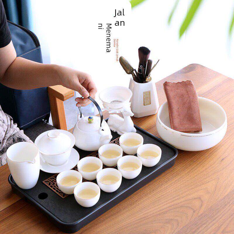 高档德化白瓷茶具套装家用羊脂玉瓷泡茶盖碗办公侧把茶壶茶杯陶瓷