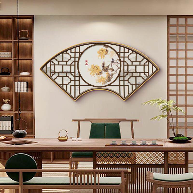 新中式茶室装饰画书房茶桌背景墙扇形挂画高级感国风古典大气壁画