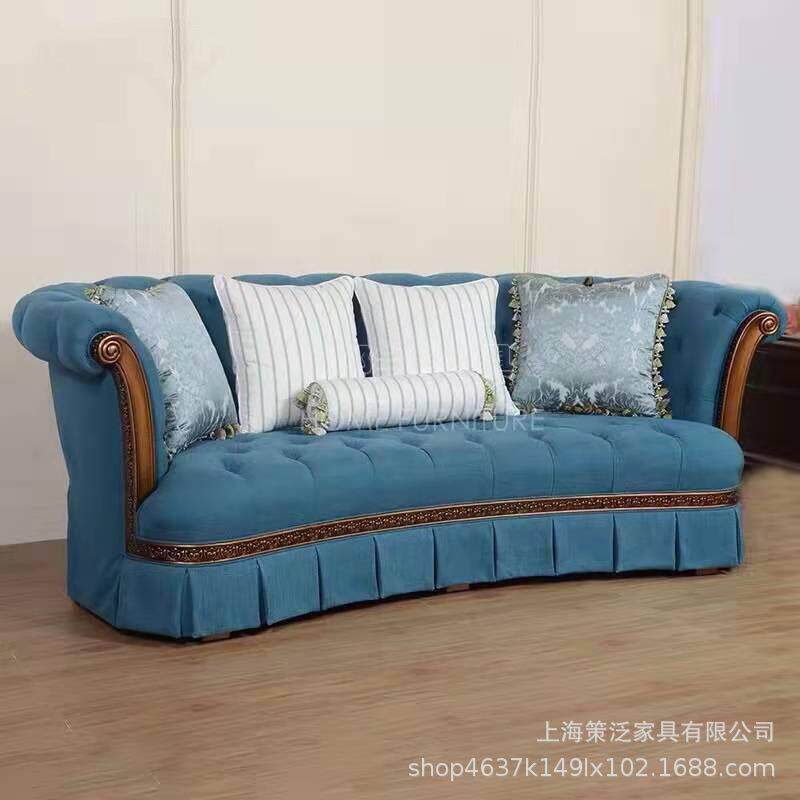 美式欧式法式全实木金色雕花天蓝色布艺拉扣三人两人沙发别墅豪华
