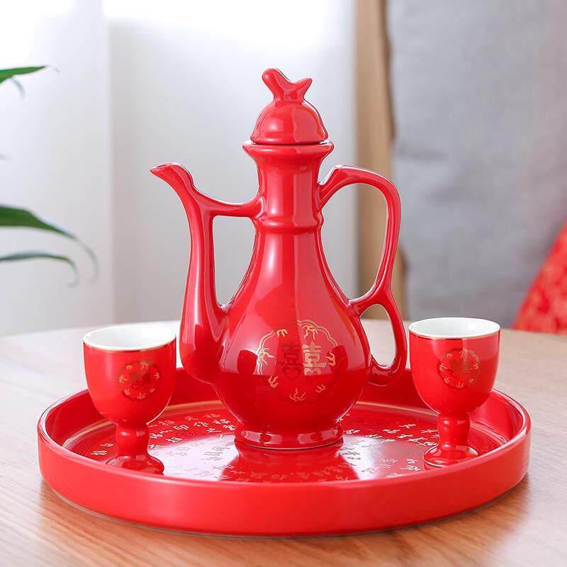中国红陶瓷酒具套装中式婚礼酒壶婚宴敬酒杯喜庆分酒器结婚庆交杯