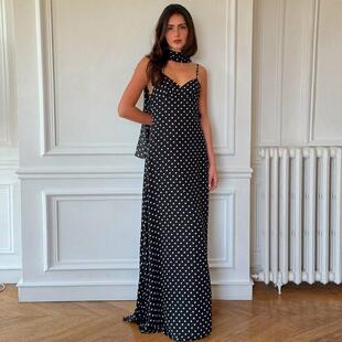 Women Polka Dot Print Backless Spaghetti Strap Cami Dress