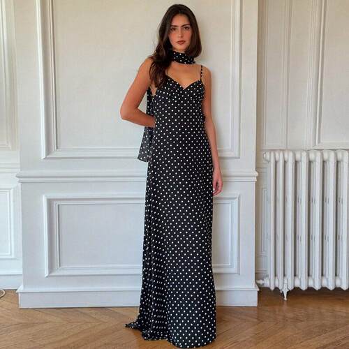 Women Sexy Polka Dots V Neck Backless Maxi Dress Spaghetti