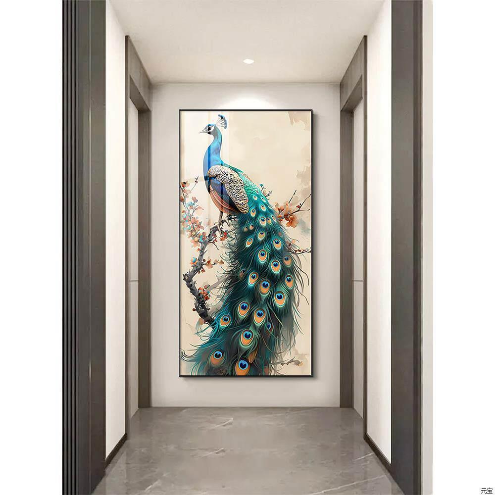 玄关装饰画竖版走廊过道挂画中国风入户客厅正对门墙画孔雀壁画