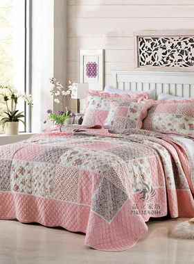 韩式拼接水洗床盖四季通用双面纯棉真拼块绗缝压木耳边床罩