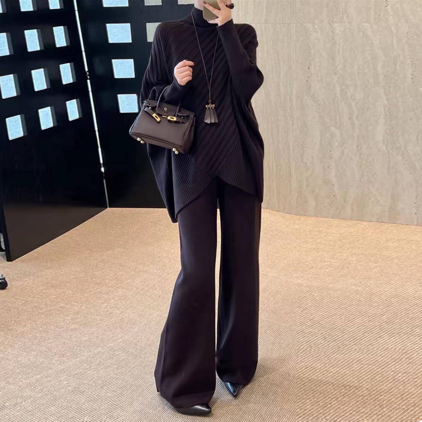 好货时尚气质套装女秋冬新款宽松显瘦蝙蝠袖针织衫毛衣微喇裤两件