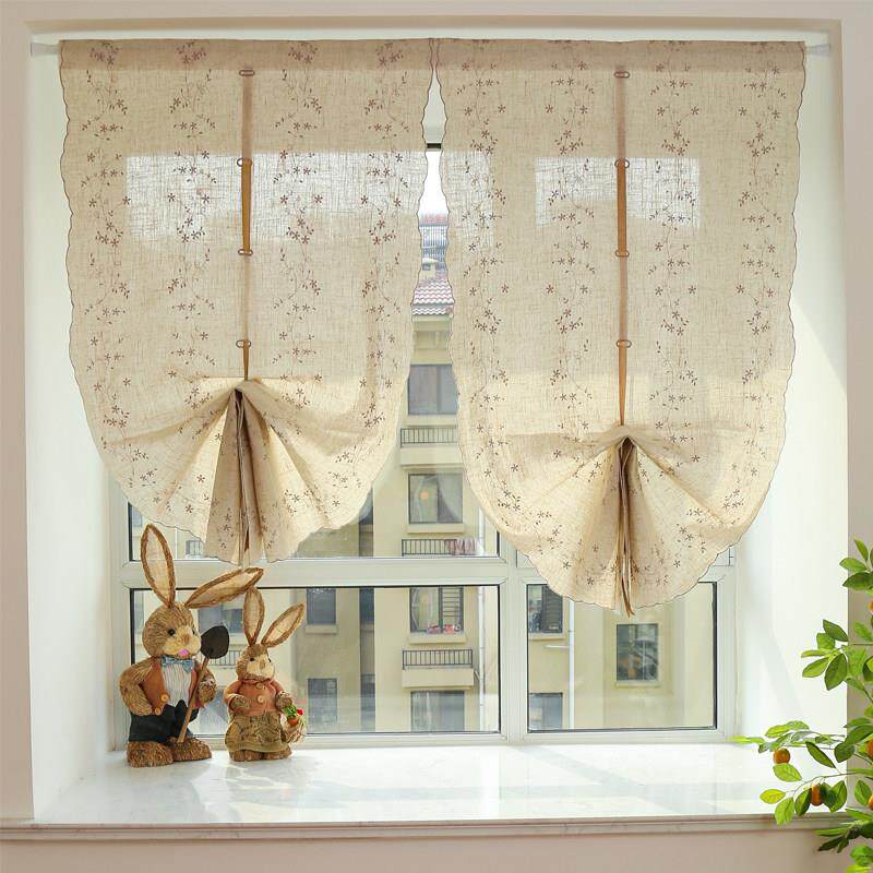 覆古棉麻刺绣半遮光免打孔小窗户窗帘魔术贴单片隔断窗风水帘成品