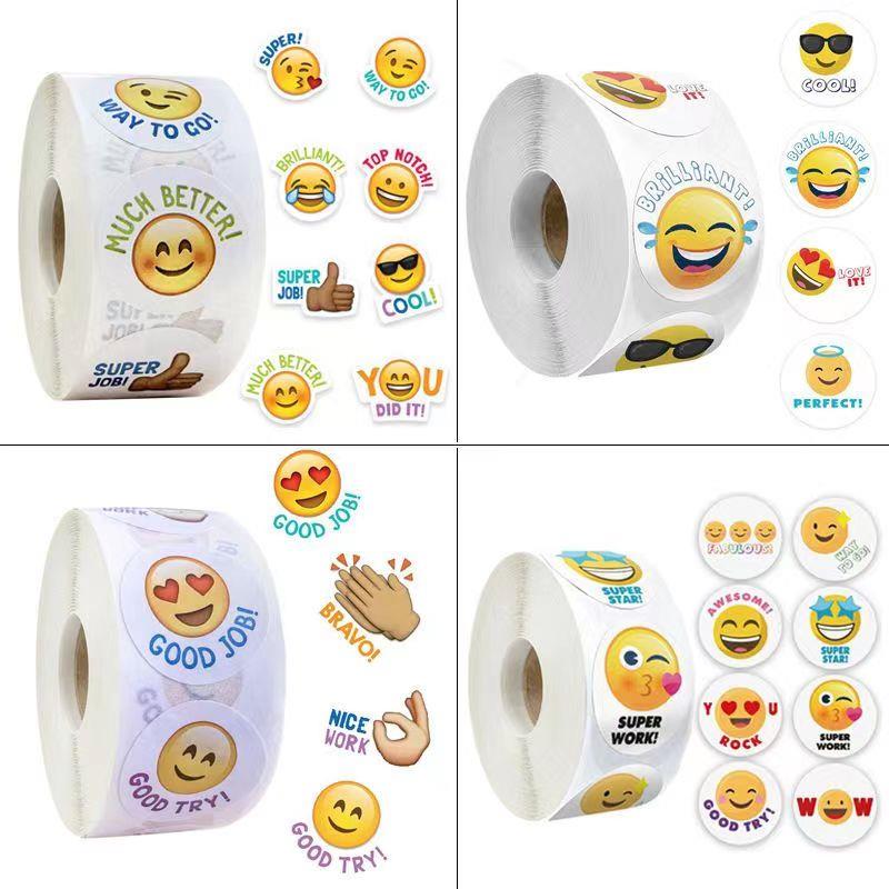 500张/卷网络表情包卡通可爱表扬儿童奖励贴纸英文不干胶标签贴画