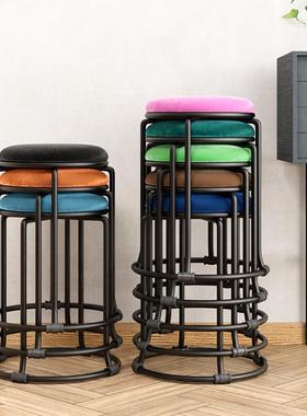 欧皮凳子筋家用布圆凳客绒厅沙发凳35186茶几凳圆形钢餐桌凳磨式