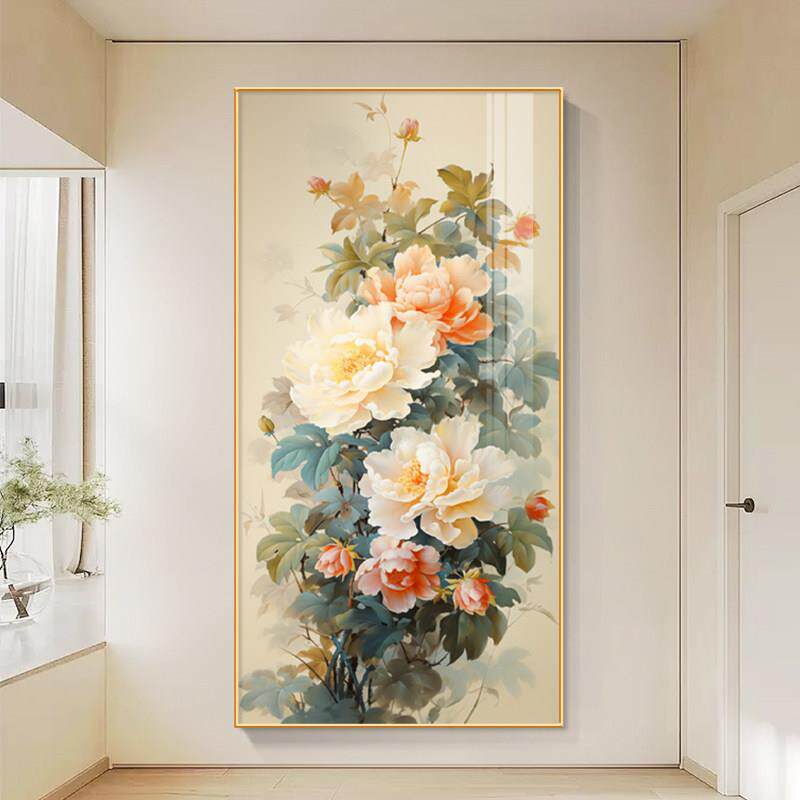 花开富贵新中式入户玄关装饰画客厅走廊过道竖版挂画牡丹花卉壁画
