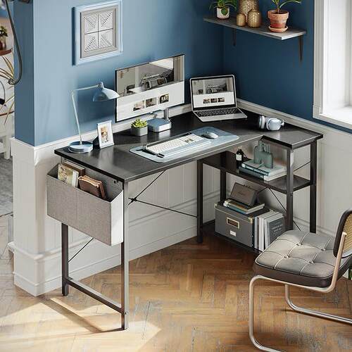 L 形办公桌 电脑桌带双面储物架家庭办公室角落书桌书房写字桌