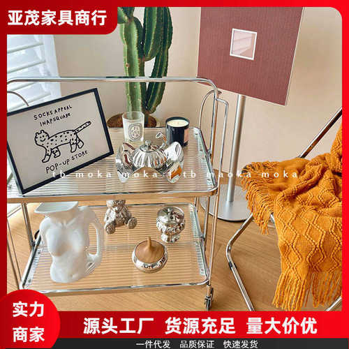 轻奢中古推车高级可折叠移动玻璃推车酒水餐车网红ins透明玻璃置