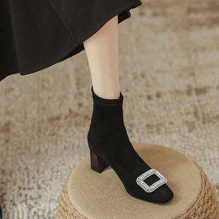 法式水钻方扣RV袜靴女黑色高跟粗跟方头短靴女绒面弹力瘦瘦靴子女
