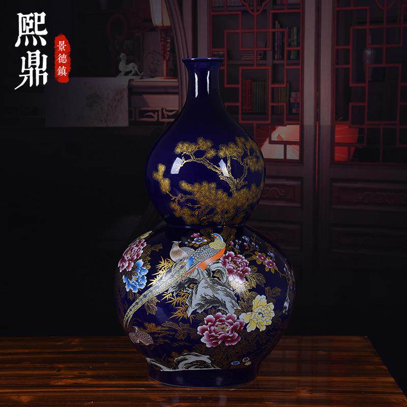 陶瓷落地大花瓶蓝色花鸟葫芦瓶陶瓷葫芦室内家居玄关装饰品摆件