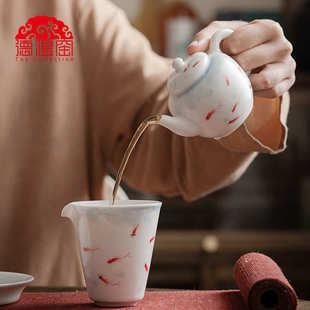片茶壶 鱼壶过滤中式球拟古养单壶可泡茶手绘孔景德趣汝窑白瓷开