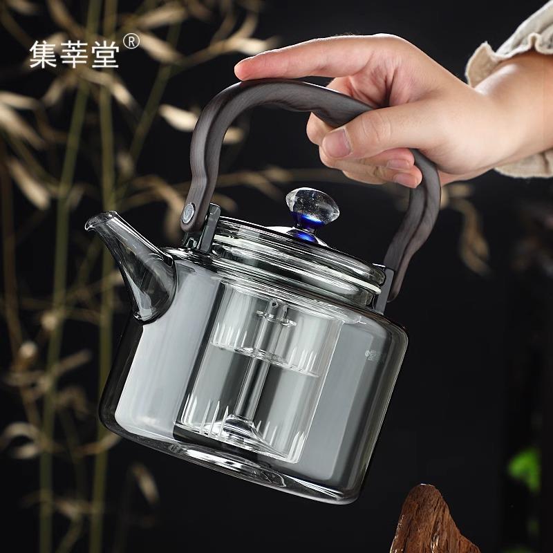 玻璃煮茶蒸壶加厚耐高硼硅家用烧水煮壶浮光提梁提梁泡茶壶蒸一热