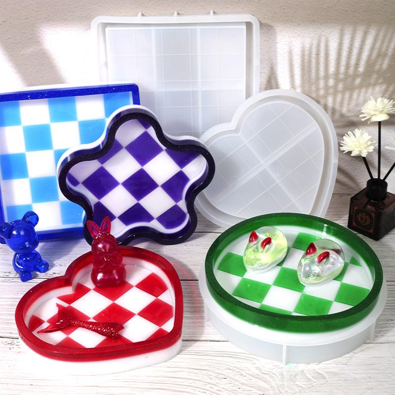 新款INS风棋盘格收纳滴胶模具饰品摆台托盘硅胶模具跨境图片