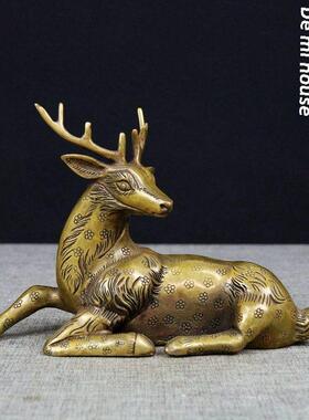 铜梅花鹿纯铜工艺品摆件雕塑卧鹿回头鹿风水摆件家居铜鹿装饰