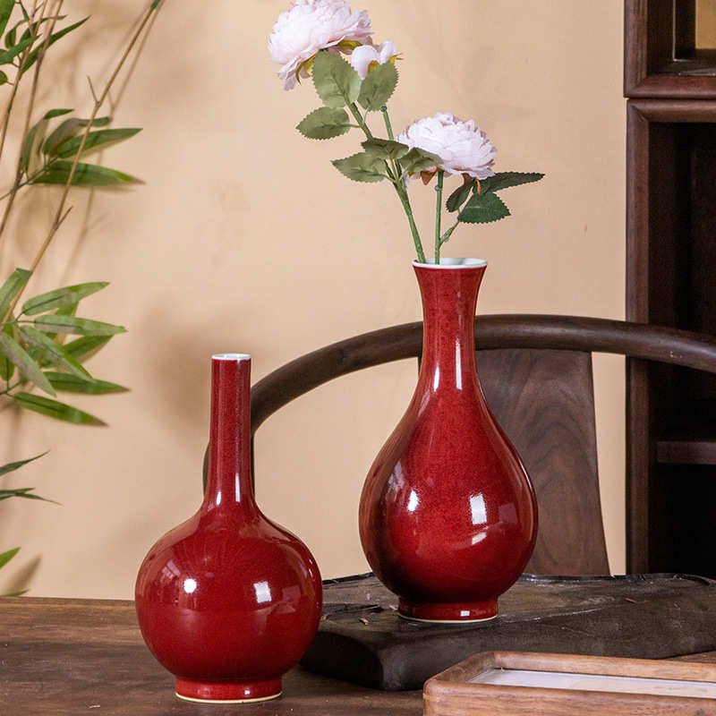 仿古红色高档景德镇红釉柴窑味底陶瓷花瓶装饰摆件博古架收藏品