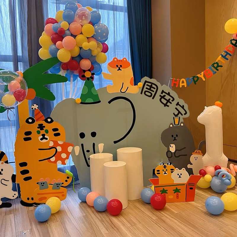 卡通动物手绘ins风男女宝宝周岁生日布置装饰百天背景墙kt板场景