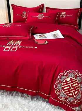 高档婚庆四用件红色套刺绣被结婚婚床WCL新婚中式陪嫁喜庆床套上
