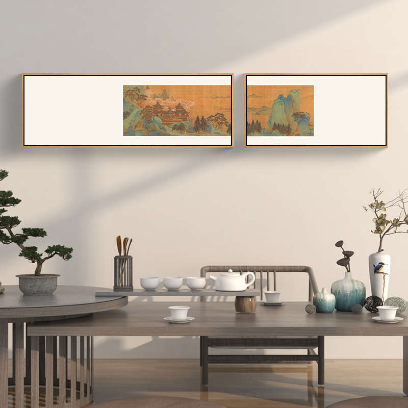 新中式客厅背景墙装饰画横幅山水国画两联组合靠山图书房茶室挂画