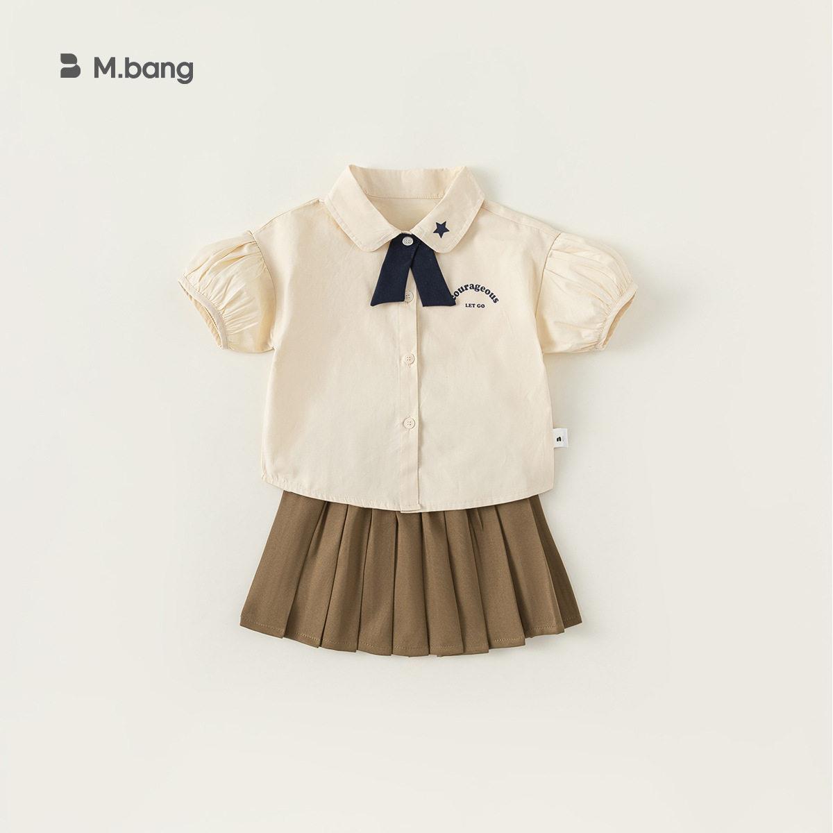 邦选童装夏款园服表演服女童百褶裙翻领印花衬衫两件套学院风套装