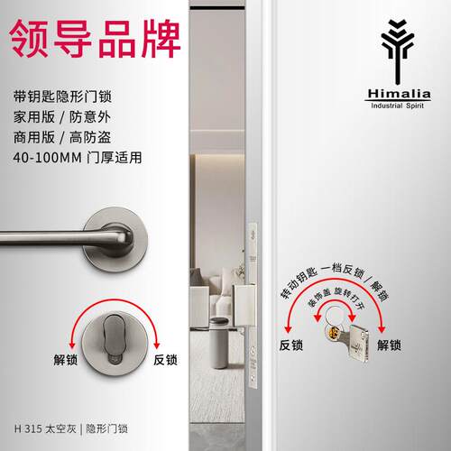 Himalia带钥匙隐形门锁带应急孔高档卧室暗门锁单面锁 双面玫瑰金