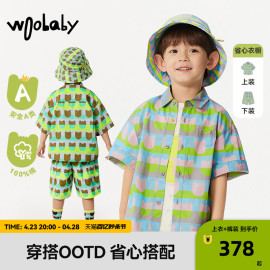 woobaby儿童短袖衬衫男童女童，24夏小童(夏小童，)宝宝纯棉外套短裤套装