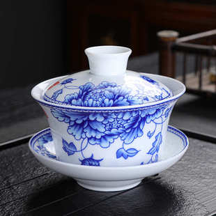 高白瓷加大300ml青花盖碗茶碗大碗元青花三才碗三炮台八宝茶盖碗