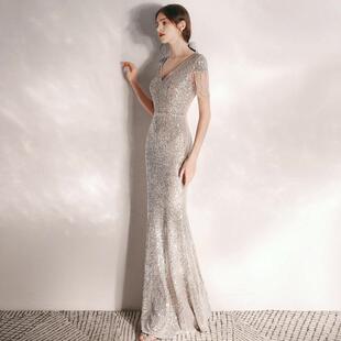 晚礼服女高级感气质宴会年会主持人高端亮片鱼尾裙秋冬季端庄大气