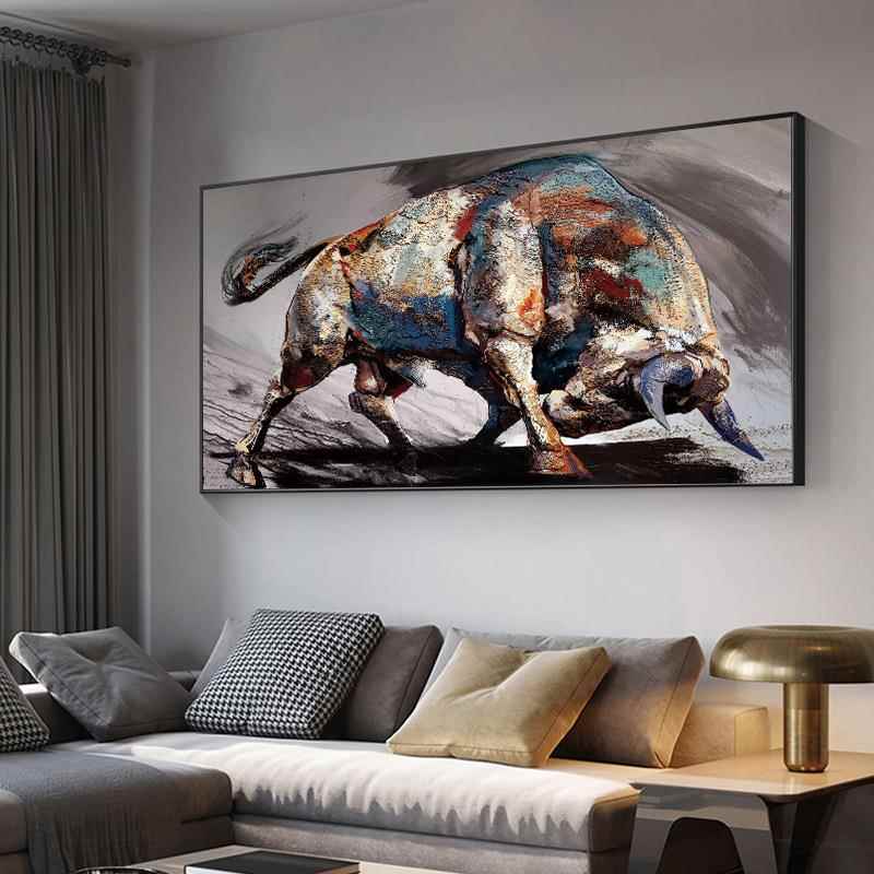 生肖牛装饰画RAB手绘物牛气美冲油天画轻奢客厅挂画横版式动壁画