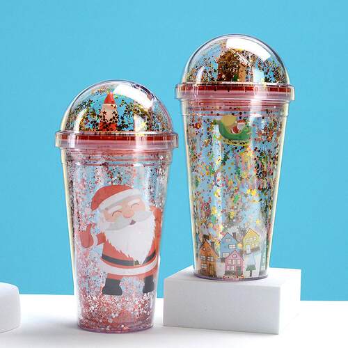 Cartoon Christmas Water Cup Double Layer Plastic Straw Cup