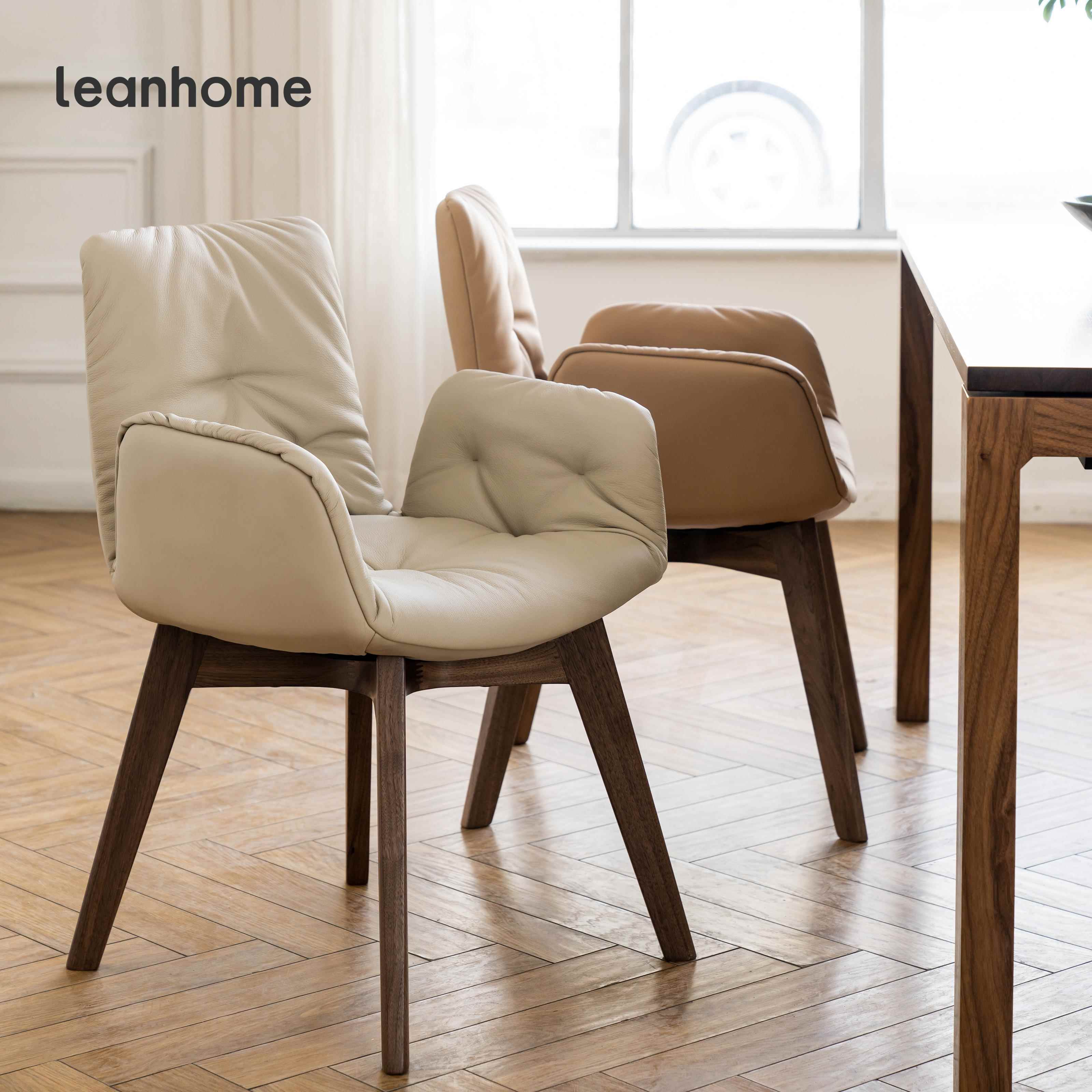 leanhome凡尔赛扶手椅卧室实木简约头层牛皮餐椅凳子家用靠背椅子