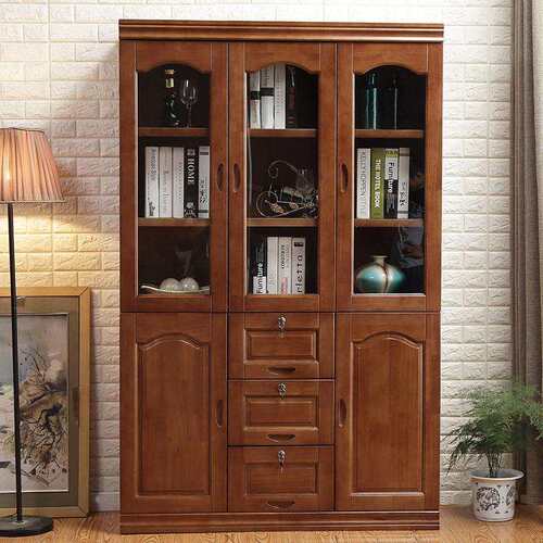 新款直销中式实木书柜 3门玻璃门置物架书橱办公室文件柜橡胶木办