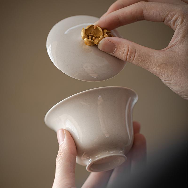 弥言草木灰盖碗纯手工捏花泡茶碗茶杯薄胎描金盖碗家用不烫手茶碗