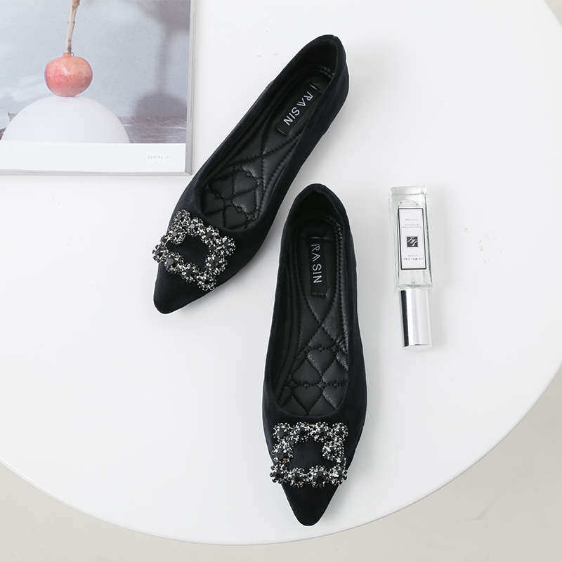 2024秋冬韩版尖头水钻方扣黑色加绒平底单鞋女百搭工作软底瓢鞋女