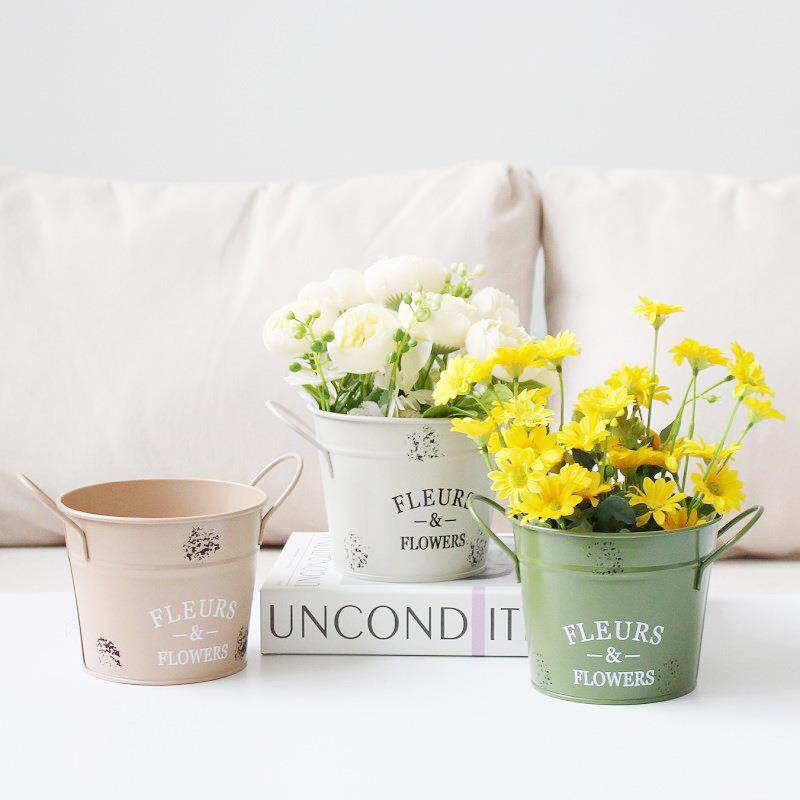 美式圆形铁皮花盆复古圆柱形创意多肉花盆桌面装饰收纳盆栽花器桶