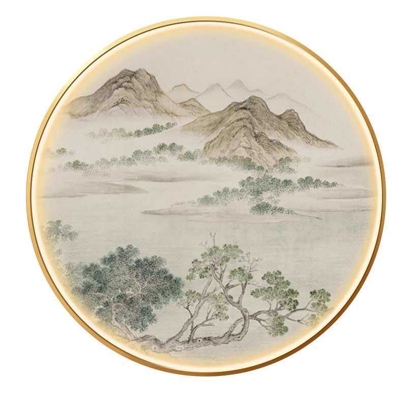 山水新中式禅意风景玄关装饰画发光LED氛围灯画国画书房挂画圆形