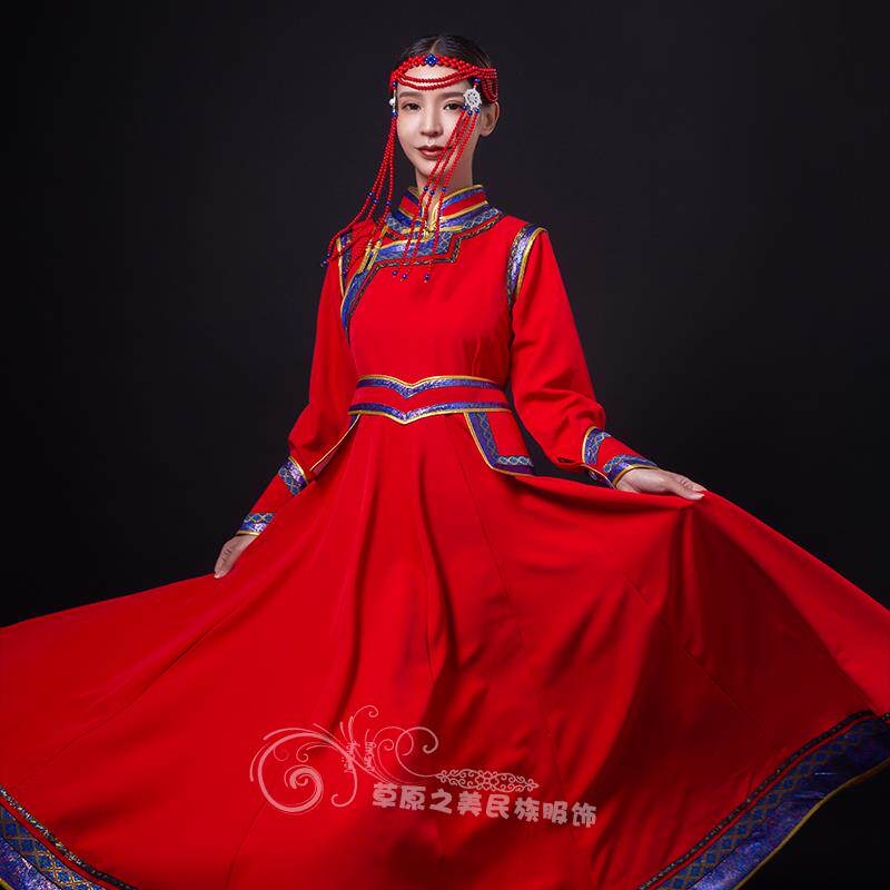 正品蒙舞古袍少数民族装成服人蒙古蹈服大摆裙女台装广场舞服饰新