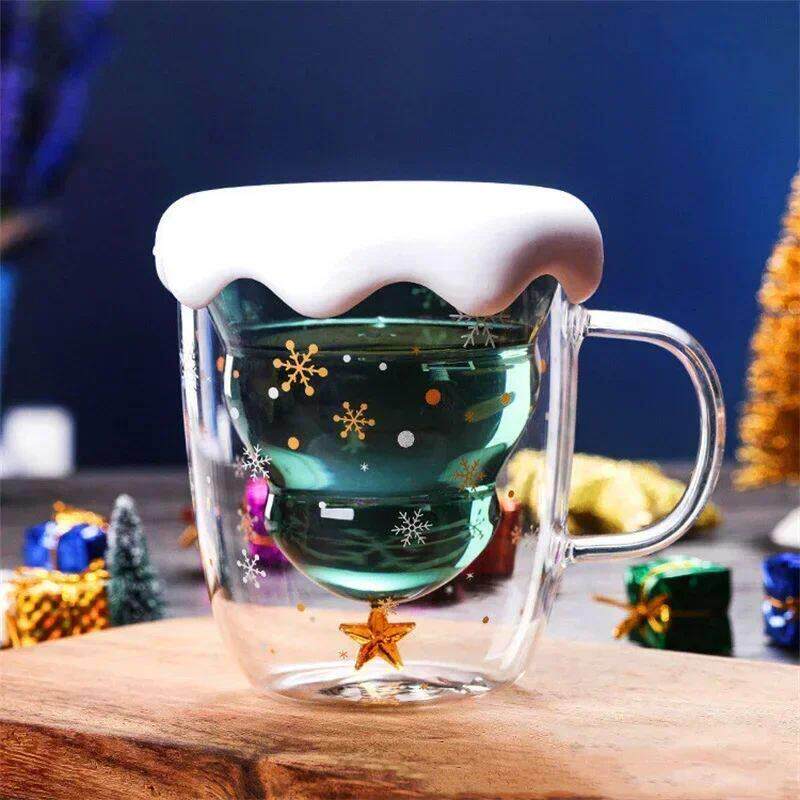 300ml Double Layer Glass Coffee Cup Christmas Tree Shape Wat