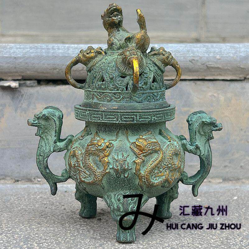 复古纯铜鎏金古玩大明宣德双龙鼎双耳铜香炉香薰炉青铜器摆件收藏
